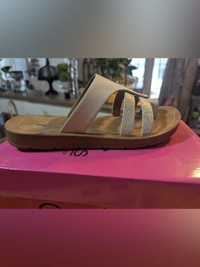 Corkys Taupe and Cream Slide Sandals with Textured Straps